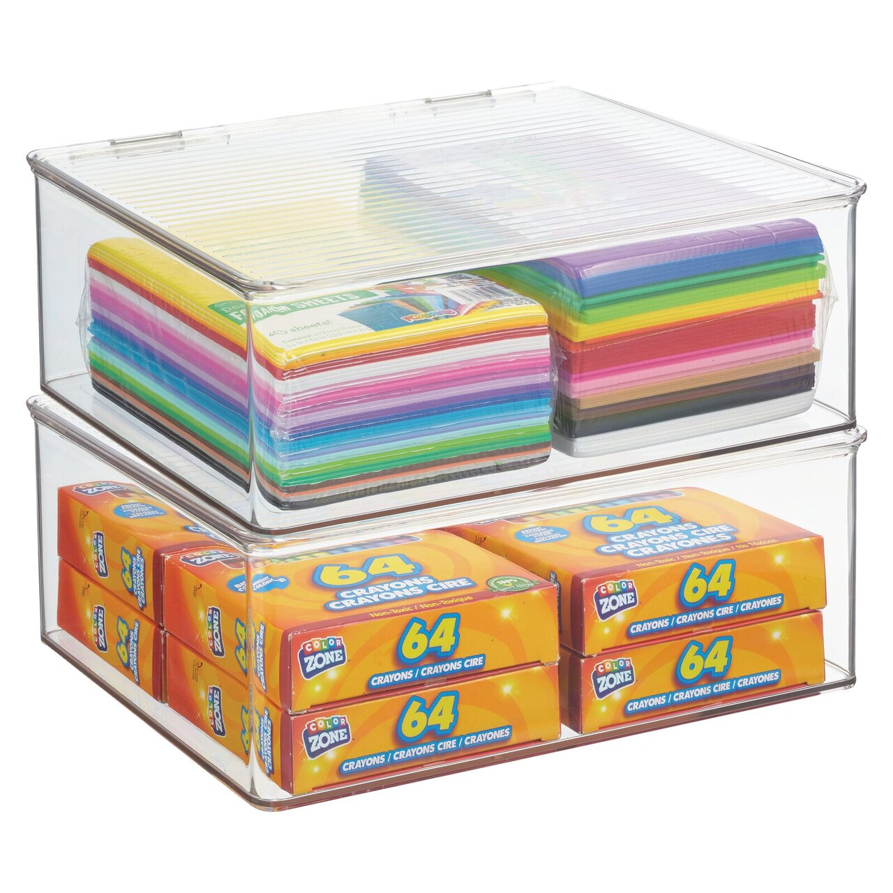 mDesign Plastic Craft Room Stackable Storage Box with Hinge Lid, 2 Pack, Clear